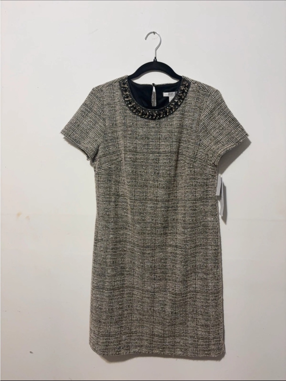 London Fog Tweed Shift Dress with Beaded Collar in Black and White